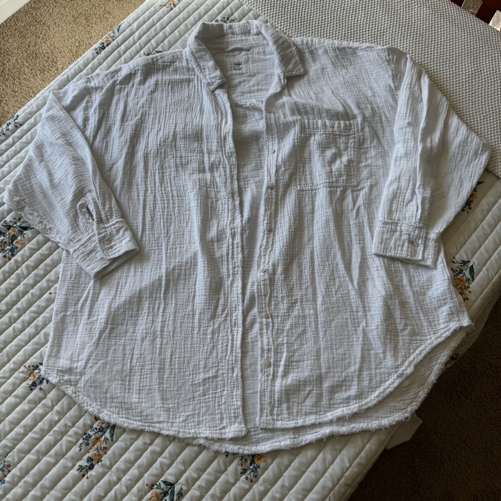 Aerie Oversized Button Down Shirt, White Cotton Lightweight Cover Up – Large - Picture 2 of 7